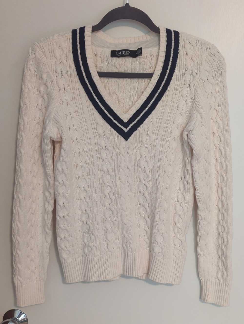 Lauren Ralph Lauren Cream Cable-Knit V-Neck Sweater with Navy Stripe